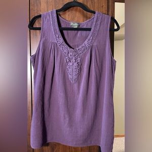 Purple Eddie Bauer 100% cotton tank top with lace detail on the neck